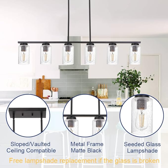 TODOLUZ 6-Lights Kitchen Island Pendant Light Fixture in Black Finish, Linear Hanging Ceiling Lighting Dining Room Chandelier with Seeded Glass Shade