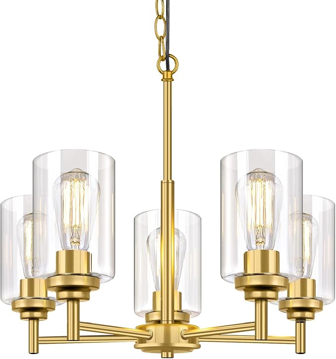 5-Light Chandelier for Dining Room Kitchen Island Modern Farmhouse Pendant Lighting with Clear Glass Shades Industrial Gold Hanging Ceiling Light Fixture for Foyer Living Room, Height Adjustable