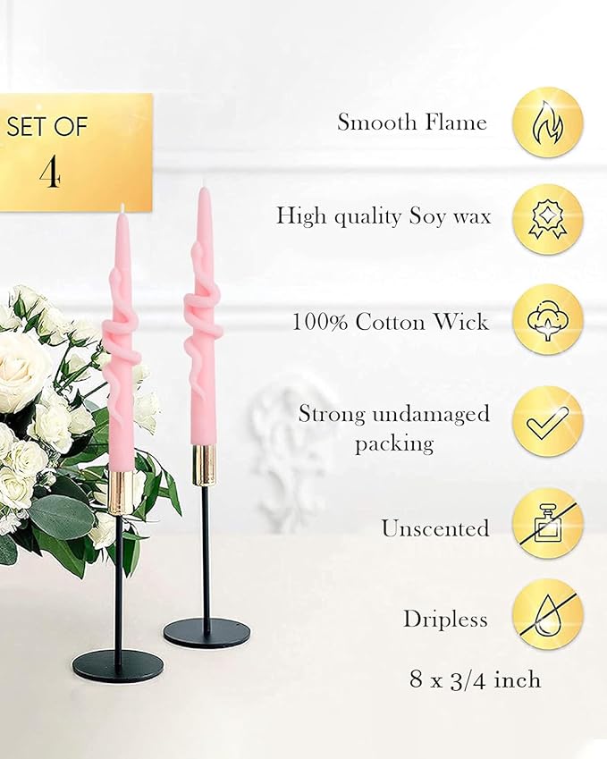 Pink Taper Candle Candlestick Snake Soy Candles Unscented Wedding Party Wax Unscented Dinner Candle Dripless,8 inch,Set of 4,Snake