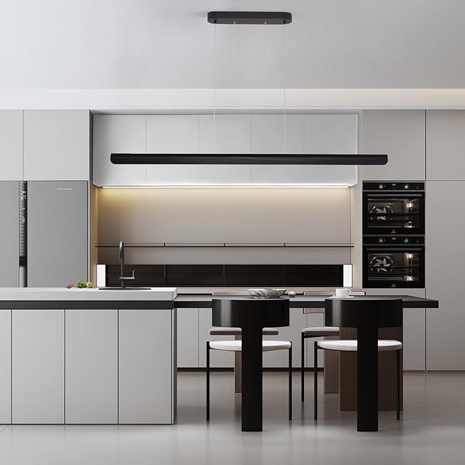55inch Wood LED Linear Pendant Light, Dimmable Wood Ceiling Lamp,Minimalist Linear Chandelier, 40W Warm Light 3000K, Modern Kitchen Island Dining Room Lighting Black Adjustable Height