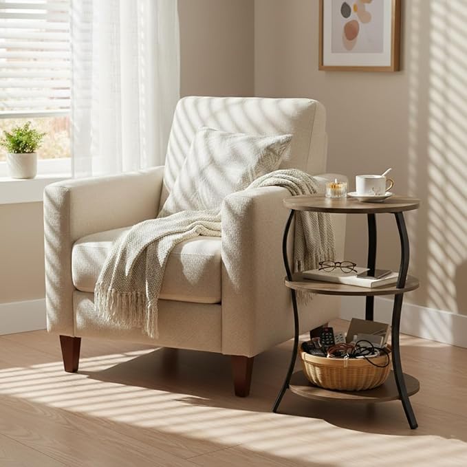 Round Side Table, 3-Tier Waist End Table with Storage Shelf, Side Tables Living Room,15.75x24’’Round Table, Sofa Side Table, Snack Table TV Tray Table, Vintage Nightstand for Bedroom,Grey