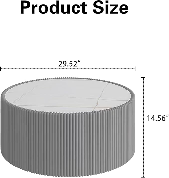 29.52" Grey Round Coffee Table, Drum Coffee Table with Sintered Stone Tabletop and Fluted PU Leather Covered and Stable Base, Circle Cocktail Tea Table for Living Room