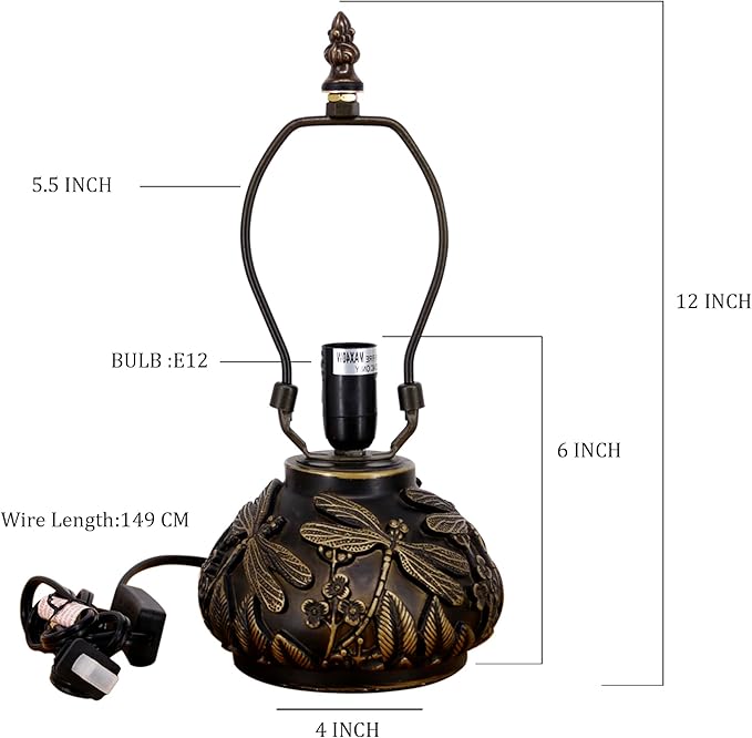 Table Lamp Base Replacement Only, Wide 4 Height 12 Inch, Fit for 6, 8, 10 Inch Tiffany Style Stained Glass Lampshade, Dark Bronze Finish,Resin, Push Switch On Cord(H (W4H12 Inch))