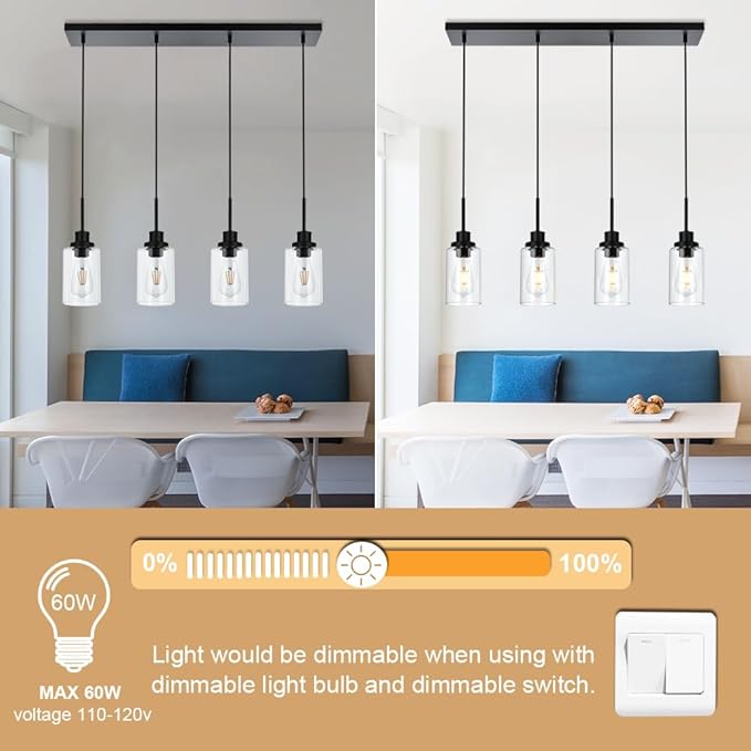 Black Pendant Light Fixtures with Clear Glass, 4-Lights Adjustable Height Hanging Ceiling Lights, Kitchen Island Lighting for Living Room Office Bar Farmhouse
