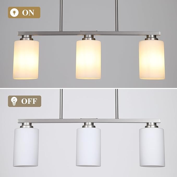 Island Light for Kitchen, Brushed Nickel Dining Room Light Fixture Over Table with Milk Glass Shade, 3-Light Linear Chandelier Pendant Lighting for Dining Table Kitchen Island Living Room