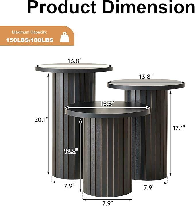 3-Piece Nesting Coffee Table Set, Modern Small Round Wood Side Tables, Fluted Drum Base, for Living Room Bedroom Apartment Small Space, Black