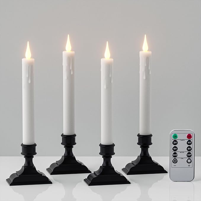 Christmas LED Taper Candles with Remote Timer, White Battery Operated Candle with Black Plastic Base, 9 Inch Tall Flameless CandleSticks for Home Christmas Decorations(4 Pack)
