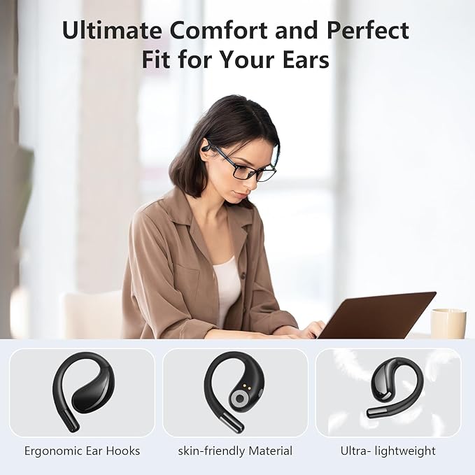Open Ear Clip Wireless Earbuds Bone Conduction Headphones, Bluetooth 5.4,Open Ear Design,Built-in Mic, IPX5 Waterproof,LED Display Charging Case,Ear Hooks Ear Buds Design for Running Fitness ,Black