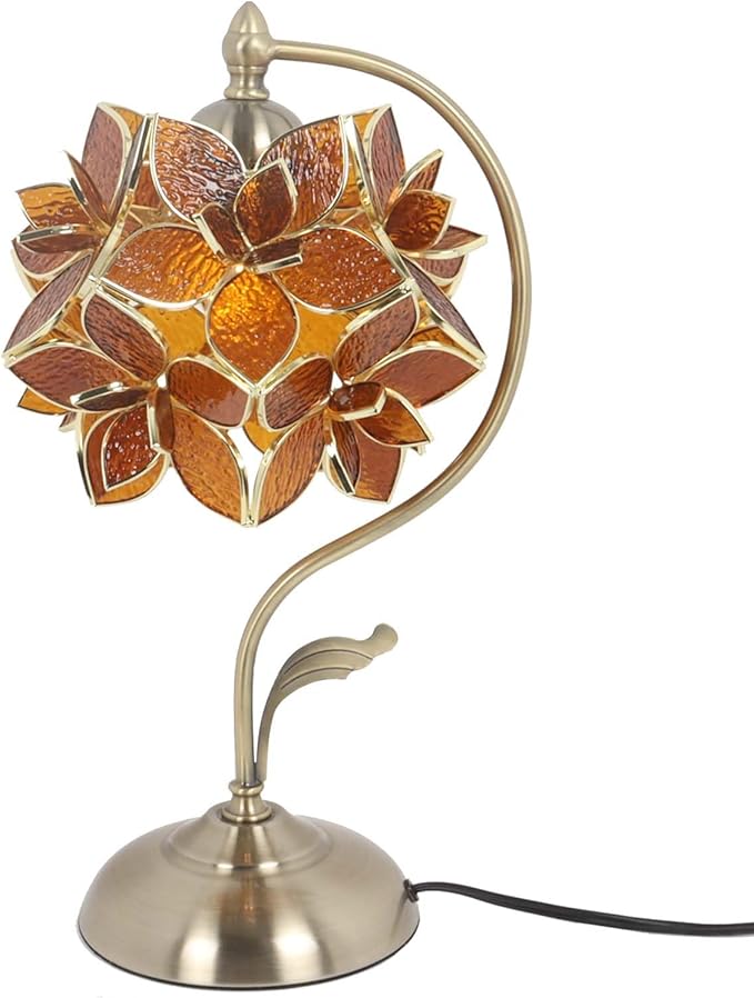 Bieye L11008 Tiffany Style Stained Glass Flower Petal Table Lamp with Brass Base for Home Décor (Amber, 8" Rose Lily)