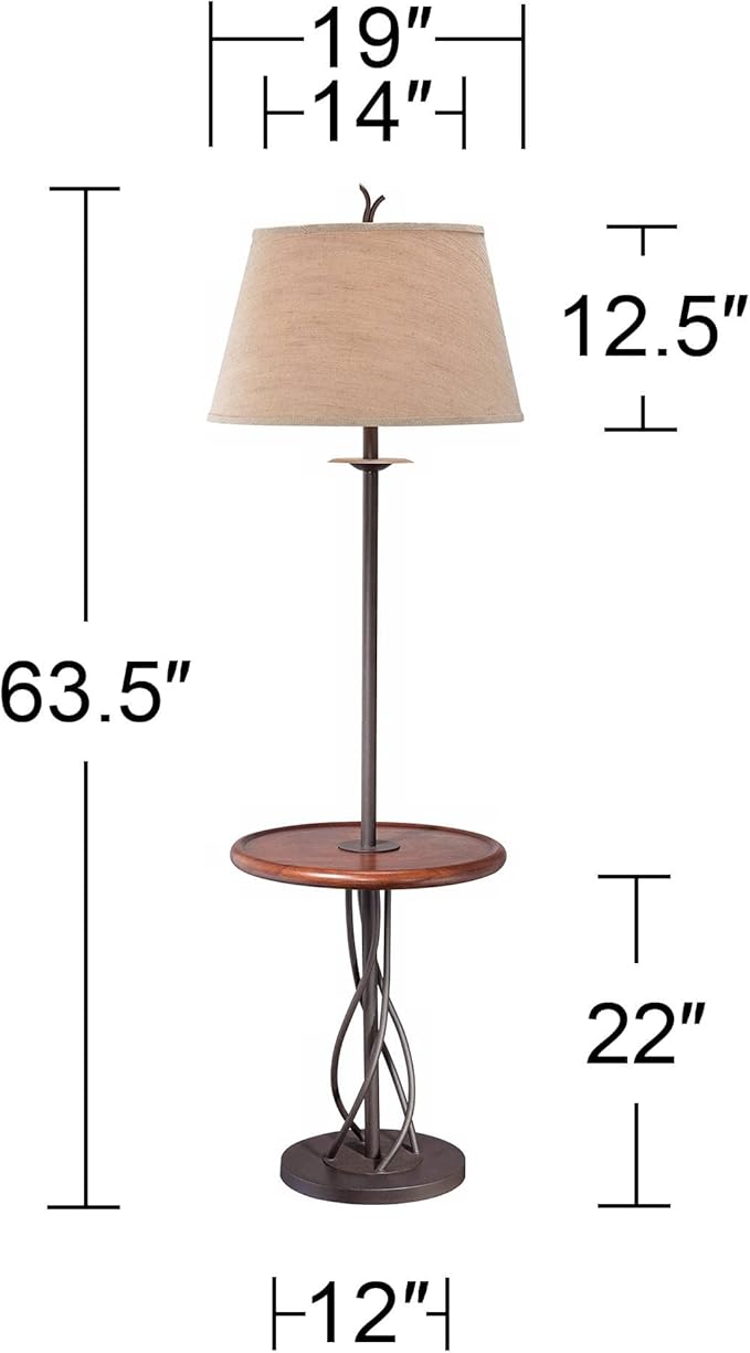 Franklin Iron Works Rustic Farmhouse Country Cottage Floor Lamp with Tray End Table 63.5" Tall Wood Twisted Iron Base Brown Linen Fabric Tapered Drum Shade for Living Room Reading House Bedroom