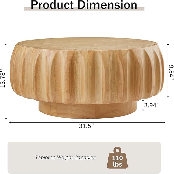 LKTART 31.5" Round Coffee Table Drum Table Contemporary Wood Fluted Centry Table with Solid Wood Veneer for Living Room (Natural)