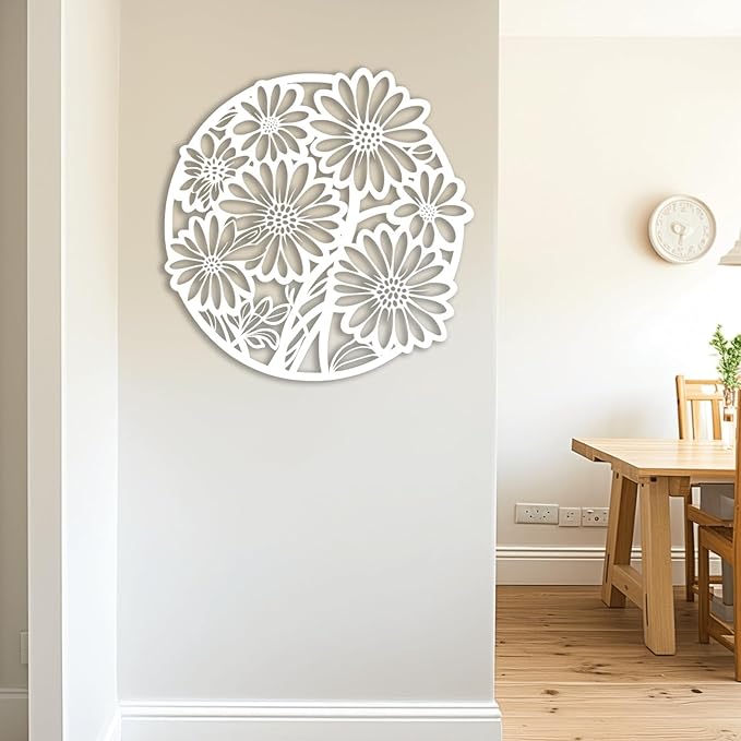 XXQ Metal Wall Art Decor, Daisy Flower Metal Wall Art Sculpture for Indoor Outdoor Line Wall Art for Bedroom Living Room and Kitchen (White, 24" x 24" / 60 x 60cm)