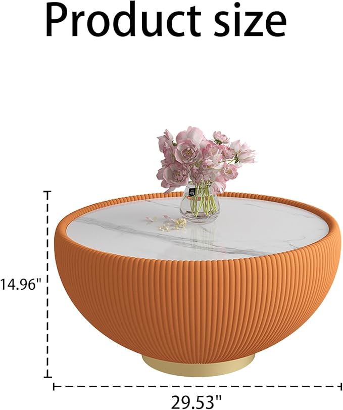 29.53" Orange Round Coffee Table, Drum Coffee Table with Sintered Stone Tabletop and Fluted PU Leather Covered and Metal Base, Circle Cocktail Tea Table for Living Room