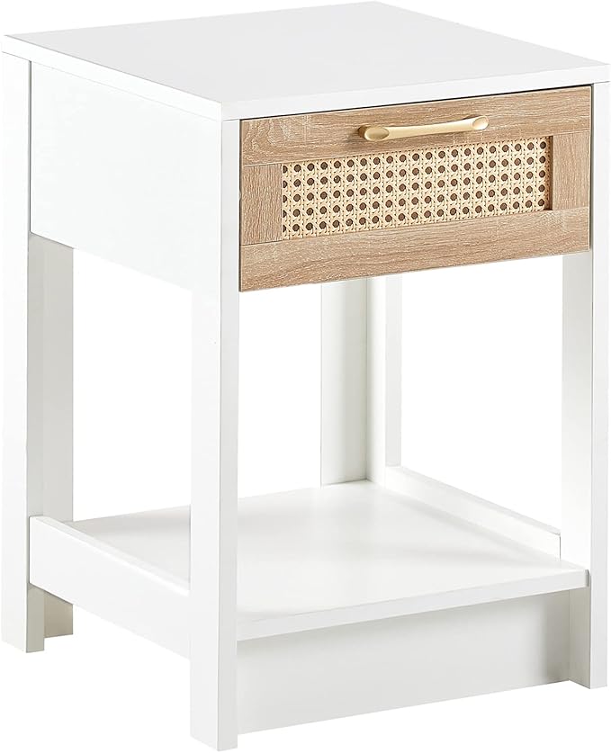 Rattan Nightstand - Wooden Boho End Table with Storage Drawer and Opening Shelf, Bedside Tables Bed Side Table Accent Table for Living Room, Bedroom Small Space
