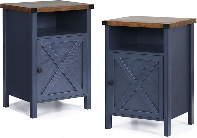 Catrimown Farmhouse Nightstand Set of 2 with Barn Door and Shelf, Side Table, Rustic End Table for Bedroom, Living Room, Navy Blue
