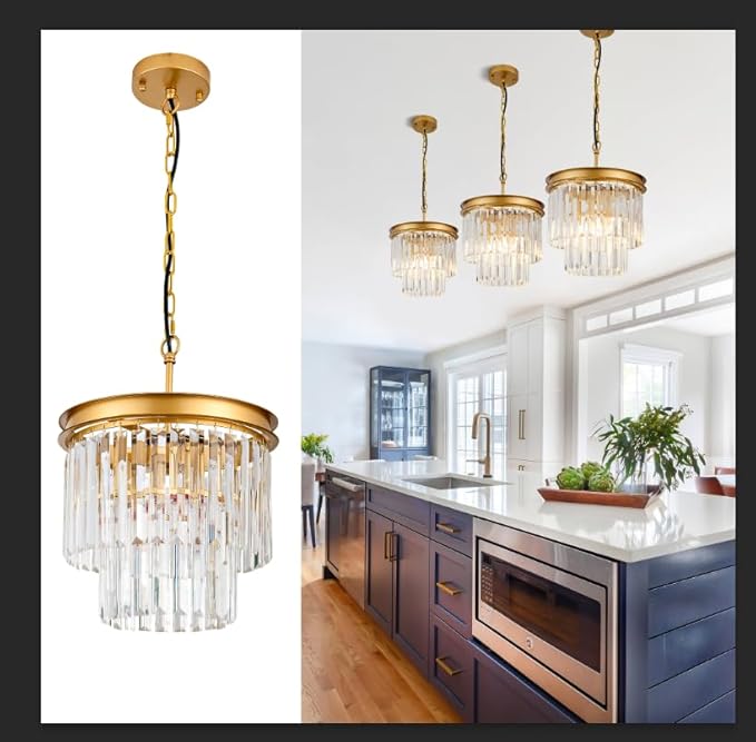 Gold Crystal Pendant Light 11.8" 3-Light Modern Round Chandelier Fixture 2-Tier Luxury Crystal Ceiling Hanging Light for Dining Room Hallway Living Room Bedroom Kitchen Island 1-Pack
