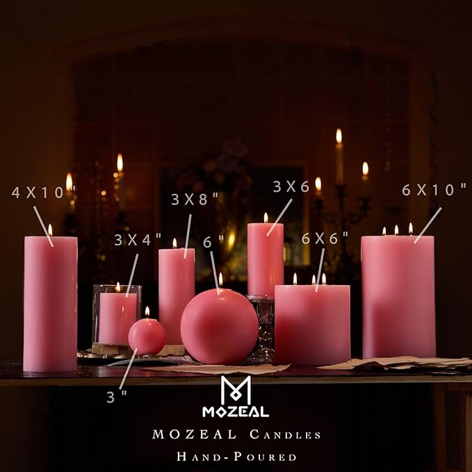 MOZEAL 3" x 6" Hand-Poured Unscented Candle,Dripless Pillar Candle Set of 3,Long Lasting Burning,Approx 120 Hours Burn Time,Rustic Country Style,for Wedding,Dinner,Christmas and Home Decor,Pink