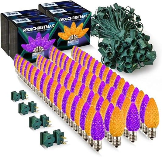 Pro Christmas C9 LED Christmas Light Kit for Rooflines & Pathways – DIY Cut to Length, Outdoor Commercial Grade (Green Wire w/Vampire Plugs, 100 Bulbs, 100 ft) Purple and Amber