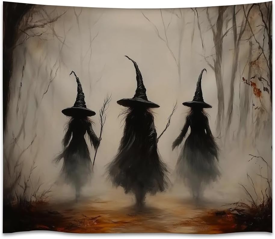 Witchy Halloween Tapestry Wall Hanging Vintage Spooky Witch Room Print Dark Academia Autumn Forest Three Witches Tapestries Decor for Halloween Living Room Bedroom Decoration 70x90inch