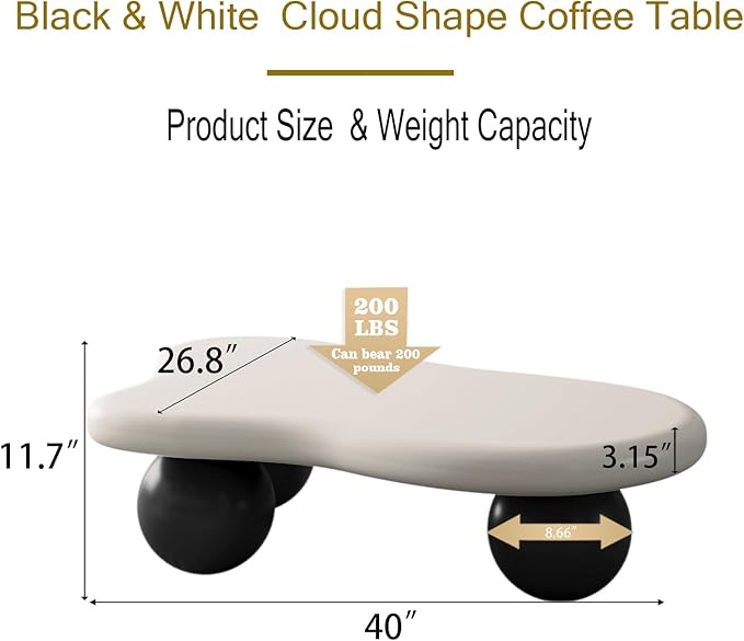 40” Cloud Coffee Table with 3 Ball Legs, Modern Lrregular Center Table for Living Room, Low Cute Small MDF Tea Table for Bedroom, Space Apartment-White Black