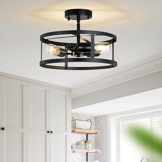 Farmhouse Semi Flush Mount Ceiling Lights, 2-Light Black Metal Cage Rustic Chandelier, Industrial Pendant Lighting for Hallway, Bedroom, Kitchen, Foyer, Living Room, Dining Room, Entryway