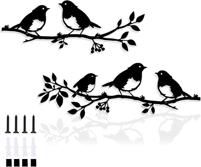 Harikikochuu 2 Pcs Metal Birds Wall Art Decor Robin Bird on the Branch Silhouette Art Metal Decorative Birds Hanging Wall Sculpture for Outdoor Balcony Garden Porch Décor(Black)