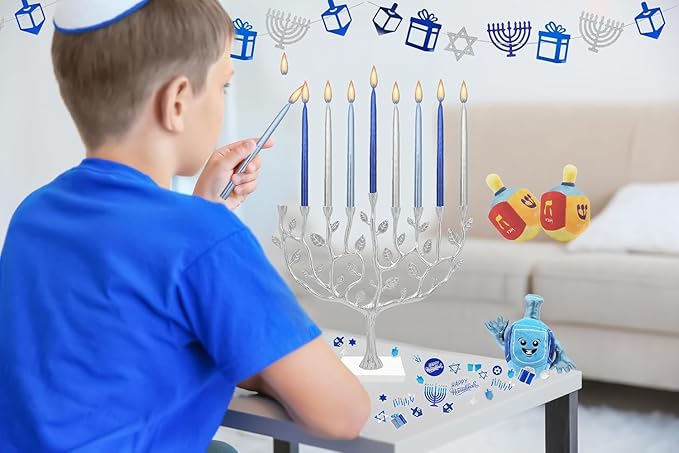 The Dreidel Company 45 Metallic Hanukkah Candles Frosted Premium Tapered Hand Decorated Chanuka Candles (Metallic Blue & Silver) (24-Pack)