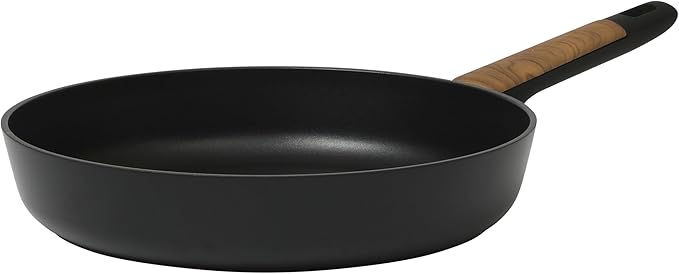 Oster Platinum Oxburg 12 Inch Frying Pan Forged Aluminum PFA Free Non-toxic Premium Ceramic Non Stick Interior Skillet, Kitchen Egg Pan, Omelet Pan - Black w/Wood Handles