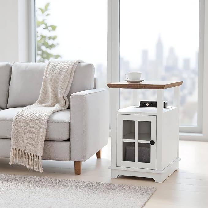 HIFYOBRO Narrow End Table with Flip Top Charging Station, Storage Side Table, Type-C & USB Port & Adjustable Shelf, White End Table Living Room & Bedroom Nightstand