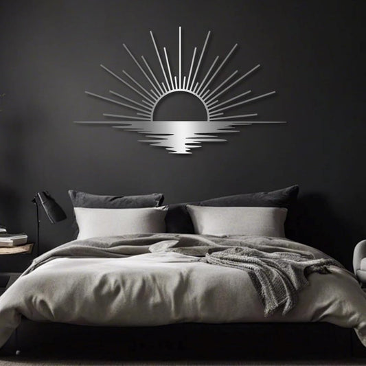 Sunrise Metal Wall Art, Metal Sun Wall Decor, Metal Sun Outdoor Decor, Large Metal Sun Wall Art, Sun Wall Art, Boho Sun Wall Art, Sunshine Metal Sign, Living Room Bedroom Wall Hangings (Silver, 59"x 35"| 150x89cm)