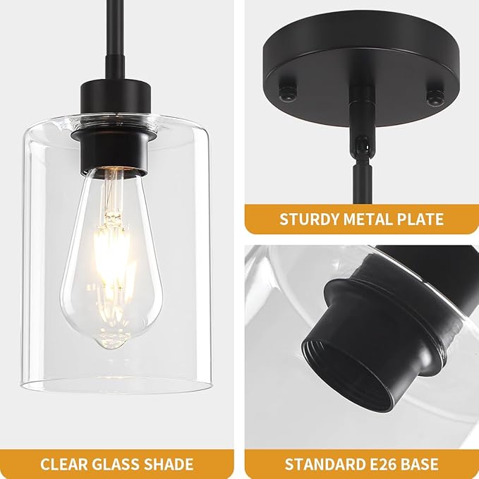 3 Pack Glass Pendant Lights Kitchen Island, Modern Black Pendant Lighting Over Island Hanging Light Fixtures Kitchen Ceiling Lamp Farmhouse Mini Chandeliers for Hallway Entryway Bedroom Dining Room