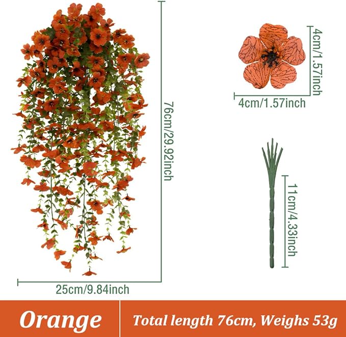 EROCK Artificial Flowers for Outdoors, 4PCS Fake Silk Hanging Flowers for Decoration UV & Fading Resistant, Realistic Faux Plants & Flowers for Porch Patio Balcony Window Box Home Decor (Orange)