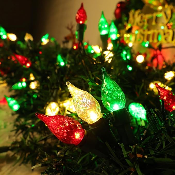 GlowVibe Red White and Green Christmas Lights, 19ft 70 LED Faceted C5 Glass Bulb Outdoor String Lights, Extendable Green Wire for Indoor Xmas Tree Garden Patio 120V ETL Certified