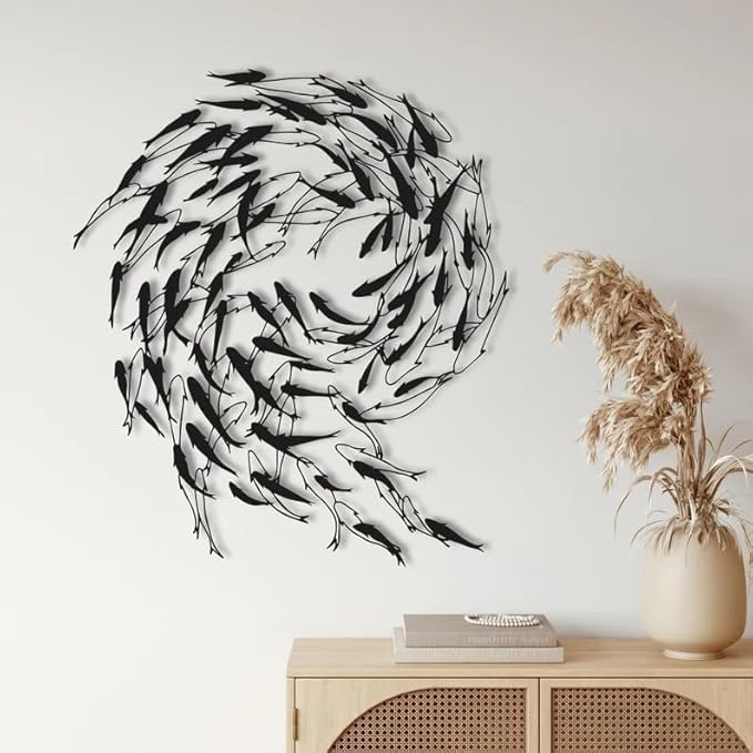 NORTH KAISER Metal Wall Art - School of Fish Wall Decor - Black Wall Hanging for Living Room Bathroom Bedroom Outdoor (23.6'' x 21'' / 60 x 52 cm)