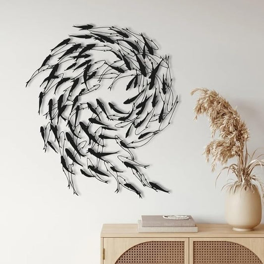 NORTH KAISER Metal Wall Art - School of Fish Wall Decor - Black Wall Hanging for Living Room Bathroom Bedroom Outdoor (46.5'' x 40.9'' / 120 x 104 cm)