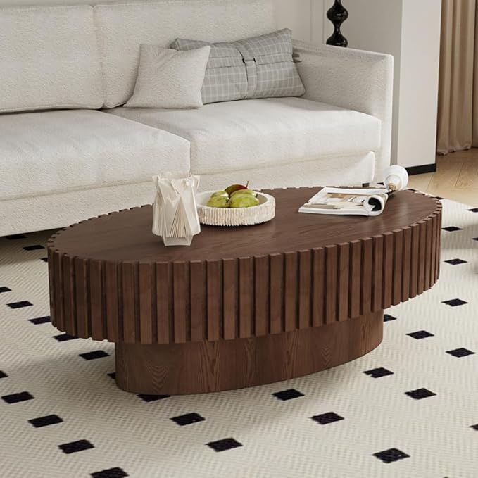 43.3” Oval Coffee Table Modern Fluted Coffee Table Handcrafted Relief Center Table with Sturdy Pedestal Mid Century Modern Center Table Tea Table for Living Room Apartment (Dark Brown)