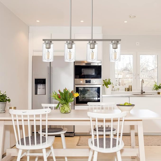TODOLUZ 4-Lights Kitchen Island Pendant Light Fixture with Seeded Glass Shade, Brushed Nickel Hanging Ceiling Lighting for Farmhouse Dining Room