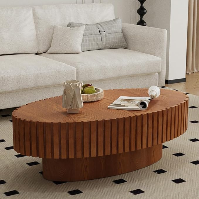 43.3” Oval Coffee Table Modern Fluted Coffee Table Handcrafted Relief Center Table with Sturdy Pedestal Mid Century Modern Center Table Tea Table for Living Room Apartment (Brown)