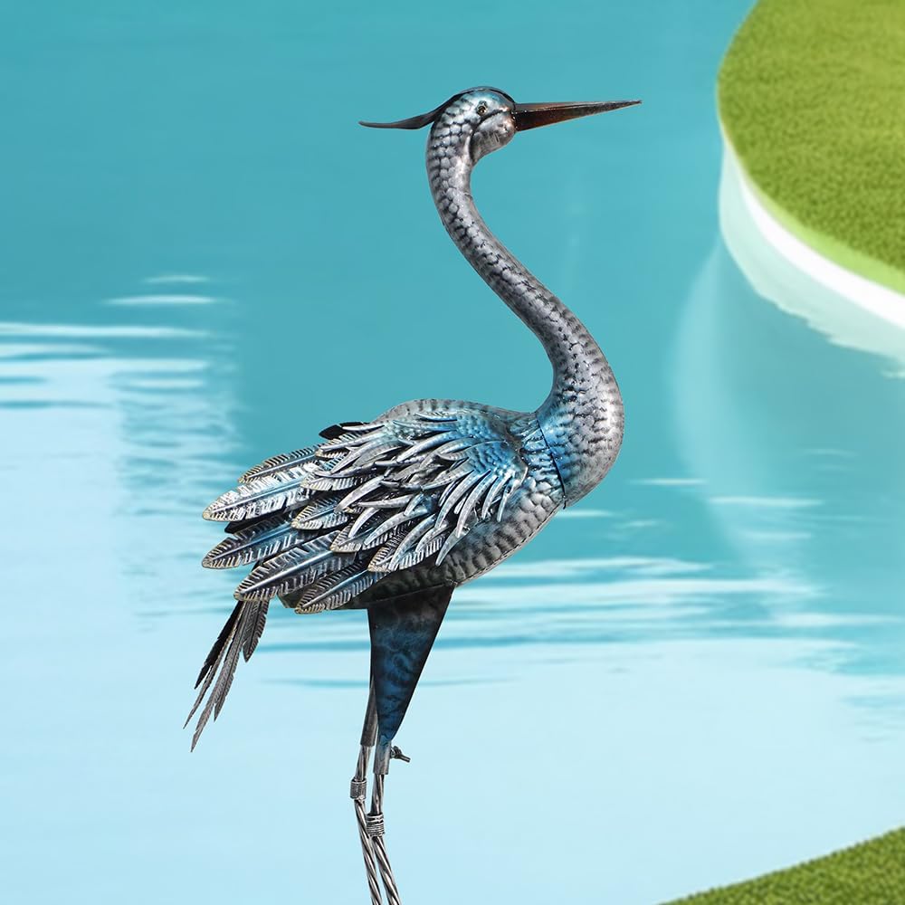 Crane Outdoor Decor Statue, Blue Heron Garden Statue Metal Yard Art Outdoor Decoy, Garden Sculptures & Statues for Yard/Lawn/Pond/Outdoor Decoration, 1Pc