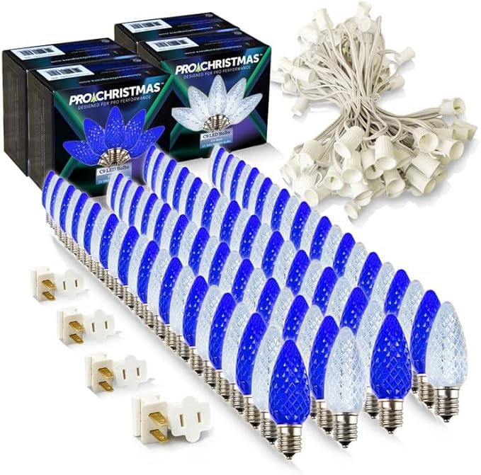 Pro Christmas C9 LED Christmas Light Kit for Rooflines & Pathways – DIY Cut to Length, Outdoor Commercial Grade (White Wire w/Vampire Plugs, 100 Bulbs, 100 ft) Pure White and Blue