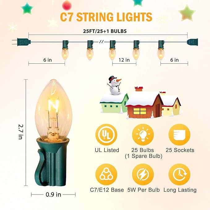 Minetom C7 Christmas String Light Set - 25FT C7 Vintage Christmas Tree Lights for Xmas Holiday Season Indoor Outdoor Roofline Fence Garden Patio Backyard Garage Cafe Decoration (25 FT, Clear)
