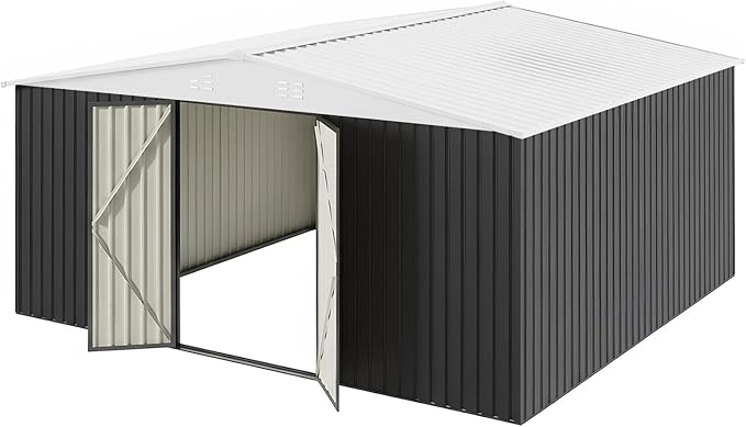 PABIMIA14X12 FT Outdoor Storage Shed, Durable Metal Outside Storage with Lockable Doors, Waterproof Storage Shed for Tools, Equipment, Ideal for Backyard Garden Patio Lawn,White