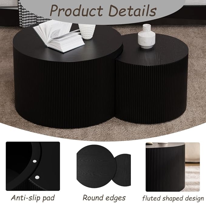 Modern Round Nesting Coffee Table Round Black Fluted Coffee Tables Set of 2 Drum Crescent Side Table Accent End Tables for Living Room, No Assembly Required,Black