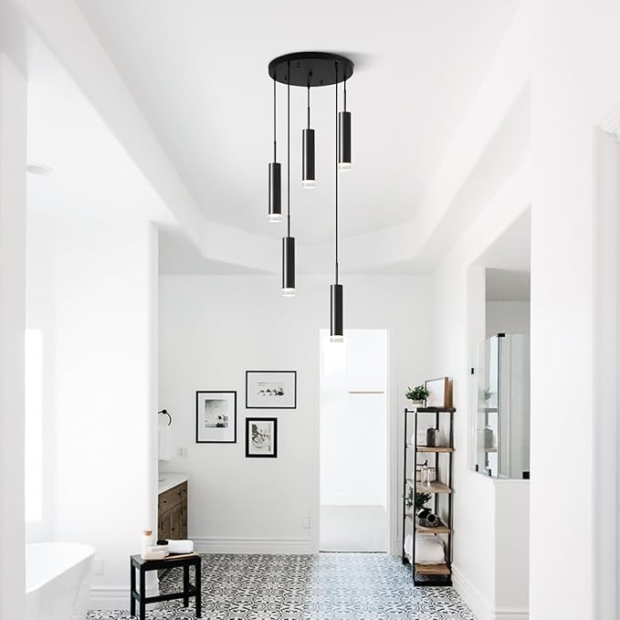 KCO Lighting Black Cluster Pendant Light Fixture Industrial Stairway Chandelier Lighting Cylinder Pendant Lights Kitchen Island Farmhouse Dining Room Light Fixtures