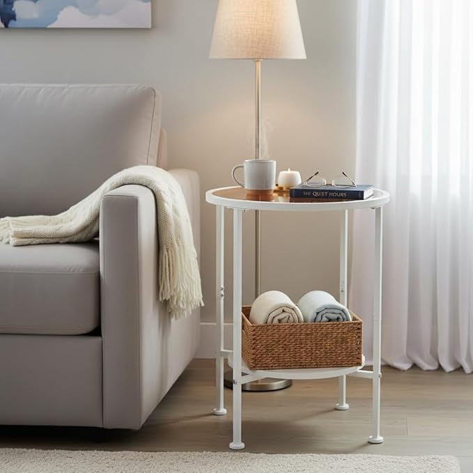 Tempered Glass Side Table with Storage Shelf for Small Spaces,16.15" 2 Tier Round Glass End Table, Small Side Table with Storage for Living Room,Round Bedside Table for Bedroom (White)