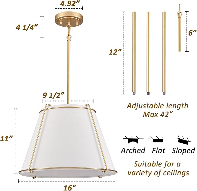 Cone Pendant Light Fixture with Metal Lantern Fabric Drum Shade 16" White and Gold Chandeliers for Kitchen Dining Room Living Room Bedroom
