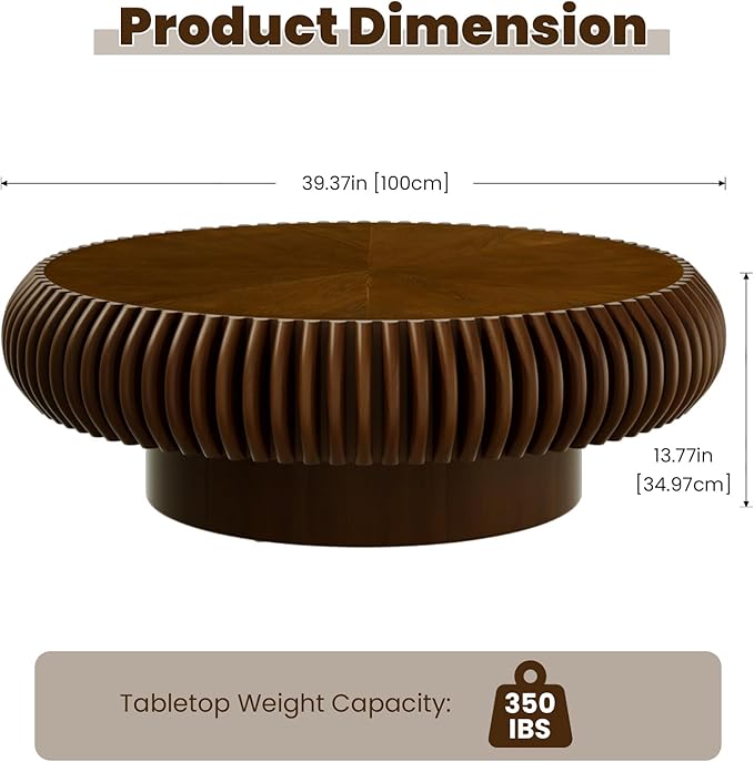 39.3" Drum Coffee Table Modern Unique Fluted Tea Table Contemporary Wood Round Coffee Table with Fluted Centry Table for Living Room Walnut (39.3" Walnut)