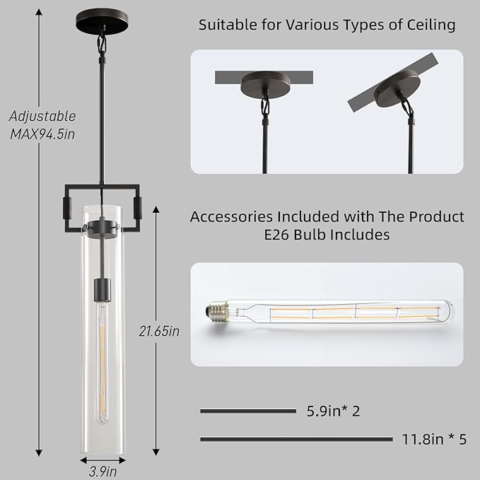 Matte Black Glass Pendant Light: Modern Knurled copper Pendant Lights Kitchen Island Set of 2 - Industrial Hanging Light Fixtures with Long Tube - Height Adjustable Pendants Lighting for Living Room