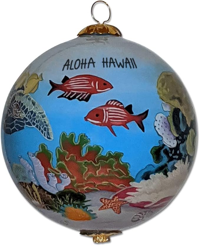 Collectible Glass Hawaiian Ornament with Fish, Corals and Sea Turtle Hand-Painted with Gift Box FCH/H
