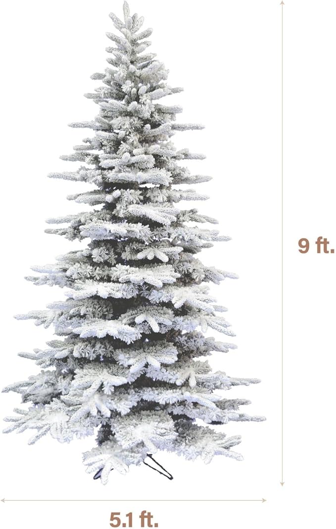 Fraser Hill Farm 9-Ft. Pine Valley Flocked Christmas Tree, Snowy Xmas Tree with DIY Potential with No Attached Lights, Artificial Christmas Tree with Metal Base, Easy to Set up